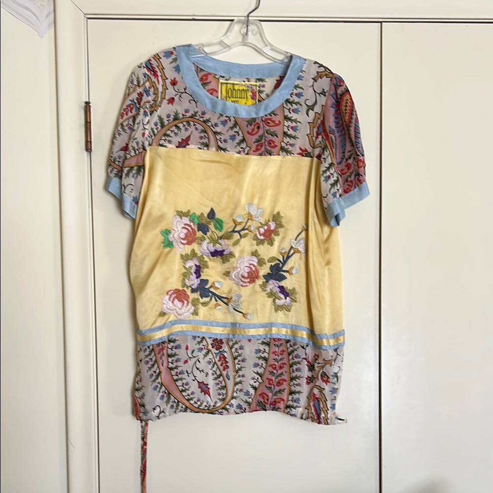 Johnny Was Yellow And Blue Blouse With Vibrant Design